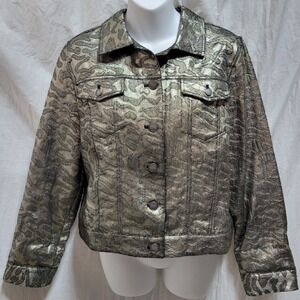 Chicos Jacket Women Sz 1 M Lightweight Metallic Denim Jacquard Silver NWT